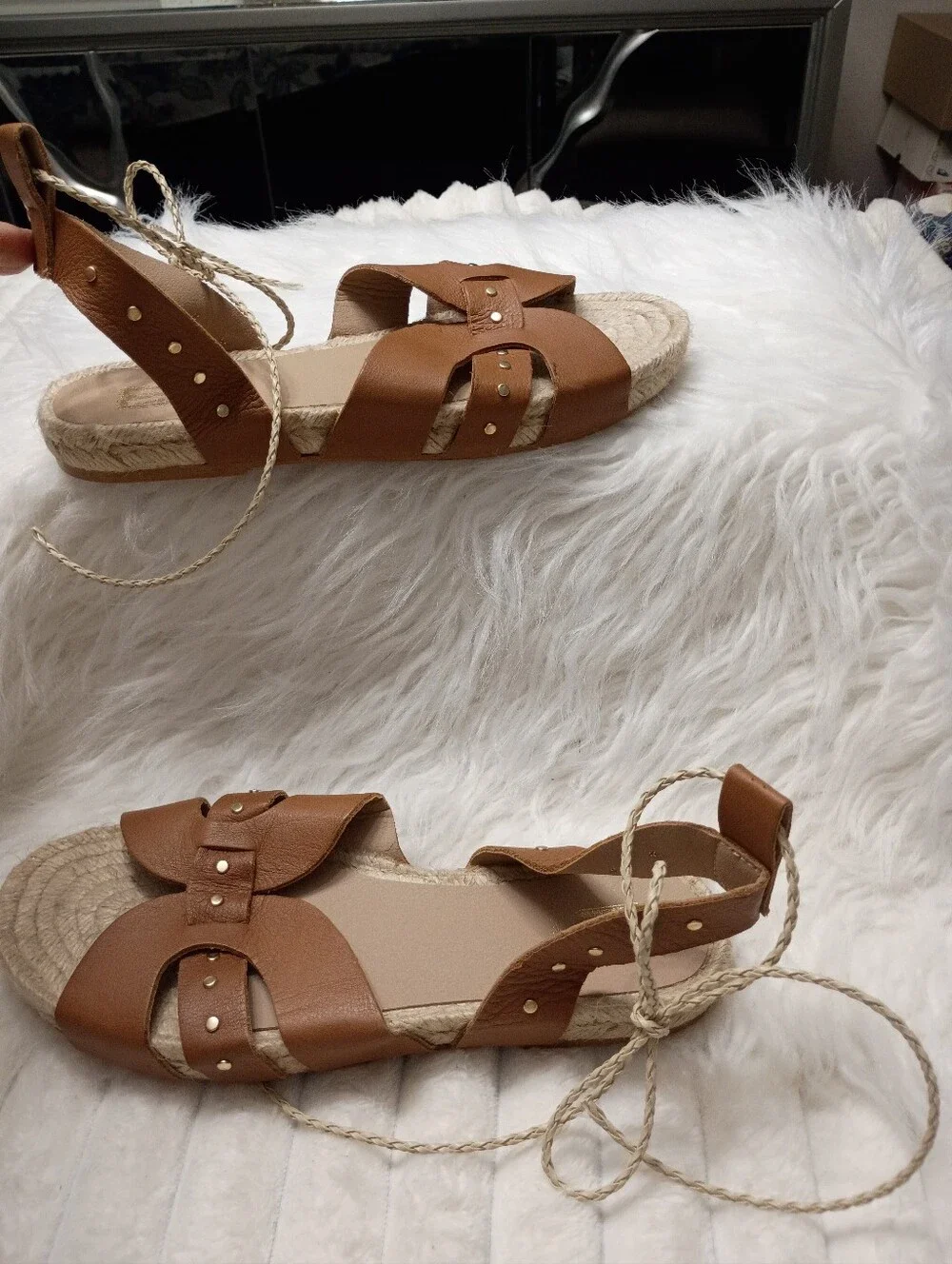 Bruno Magli Perla Tan Leather Espadrille Sandals with Gold Studs New With Flaws